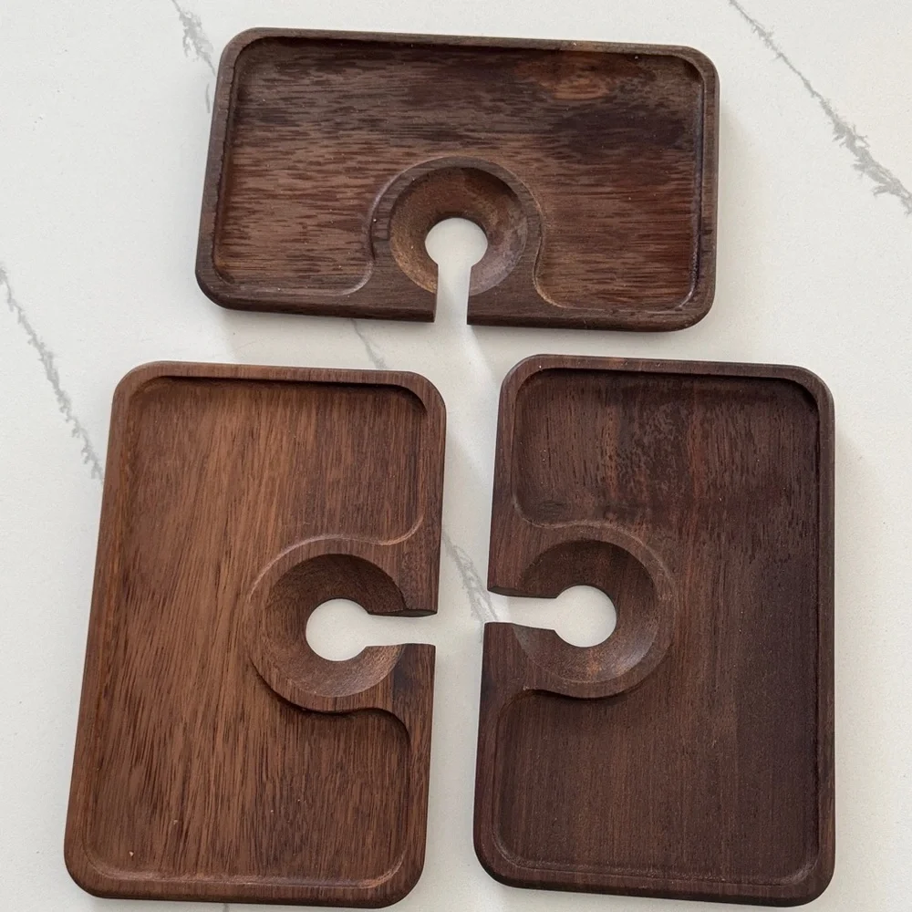 (3) Crate & Barrel Acacia Wood Canape Appetizer Serving Trays Wine Holder Stacks